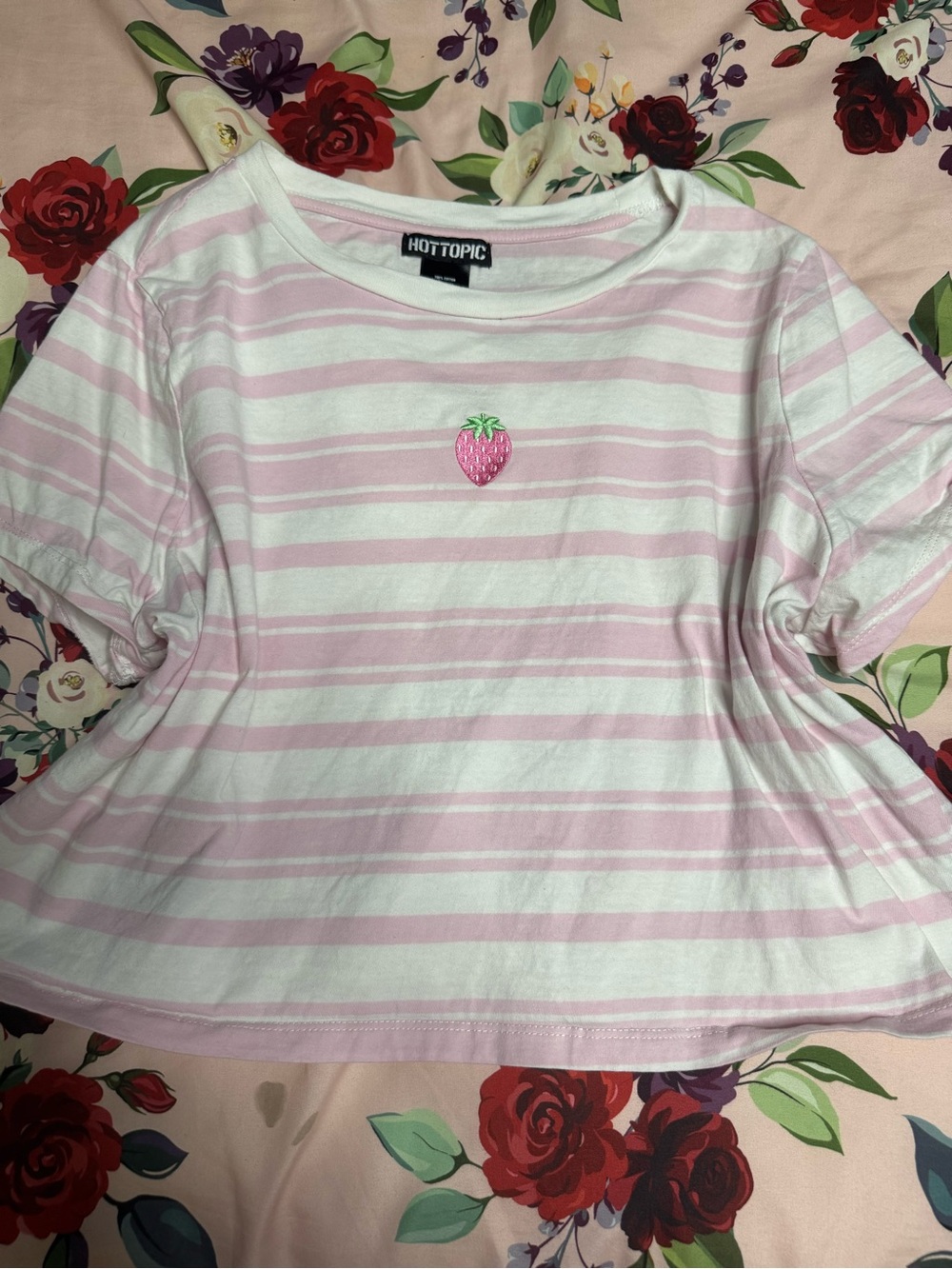 Hot Topic Pink & White Striped Crop Top with Strawberry Patch